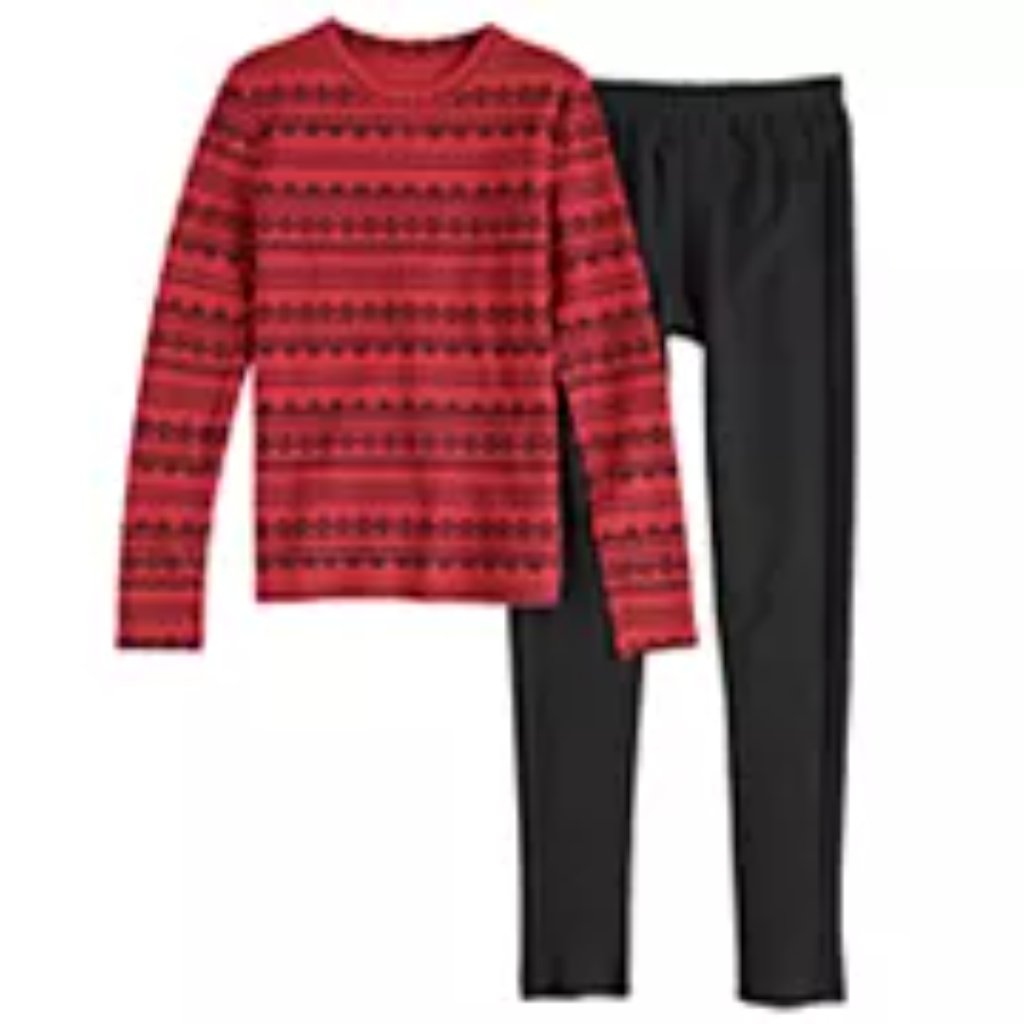 Cuddl Duds Red Fair Isle Base Layer Shirt & Pants Set, Size S